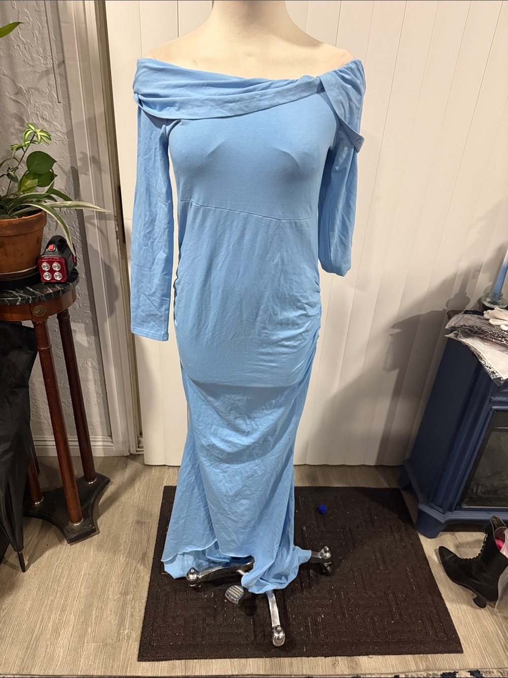 Off-Shoulder Light Blue Maxi Dress